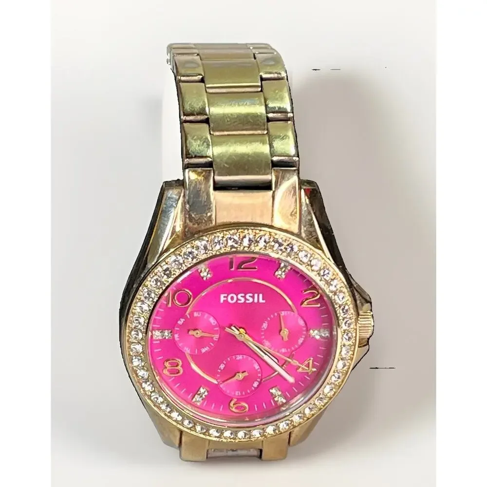 FOSSIL Women’s Gold Tone Crystal Bezel Pink Dial Watch ES3071